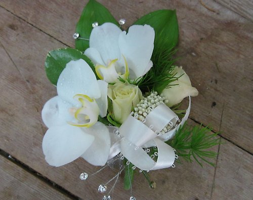 All White Orchid & Rose Corsage